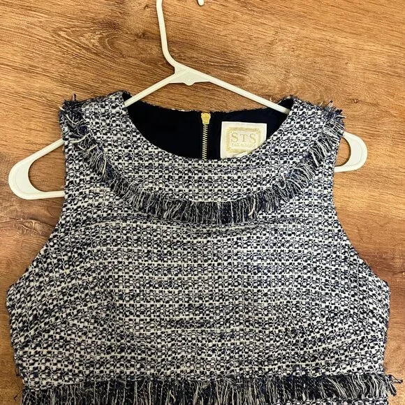 SAIL TO SABLE-NAVY/CREAM TWEED-SHIFT DRESS-FRINGE TRIM-LINED-BACK ZIPPER-SIZE 6 - Picture 3 of 8